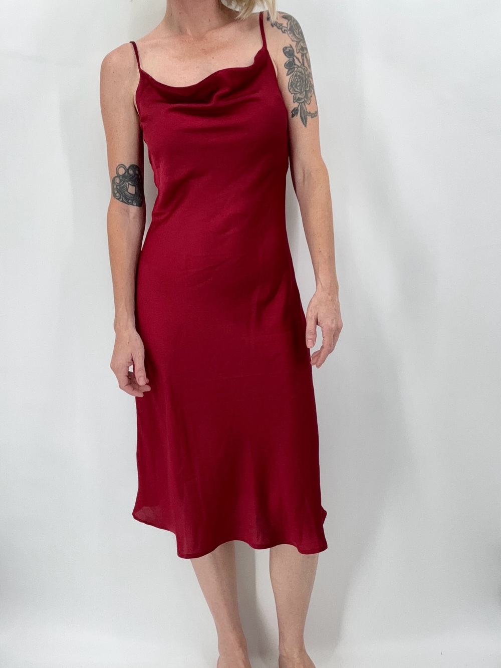 Womens Satin Midi Slip Dress Small Red Cowl Neck Bias Cut Y2K Minimalistic